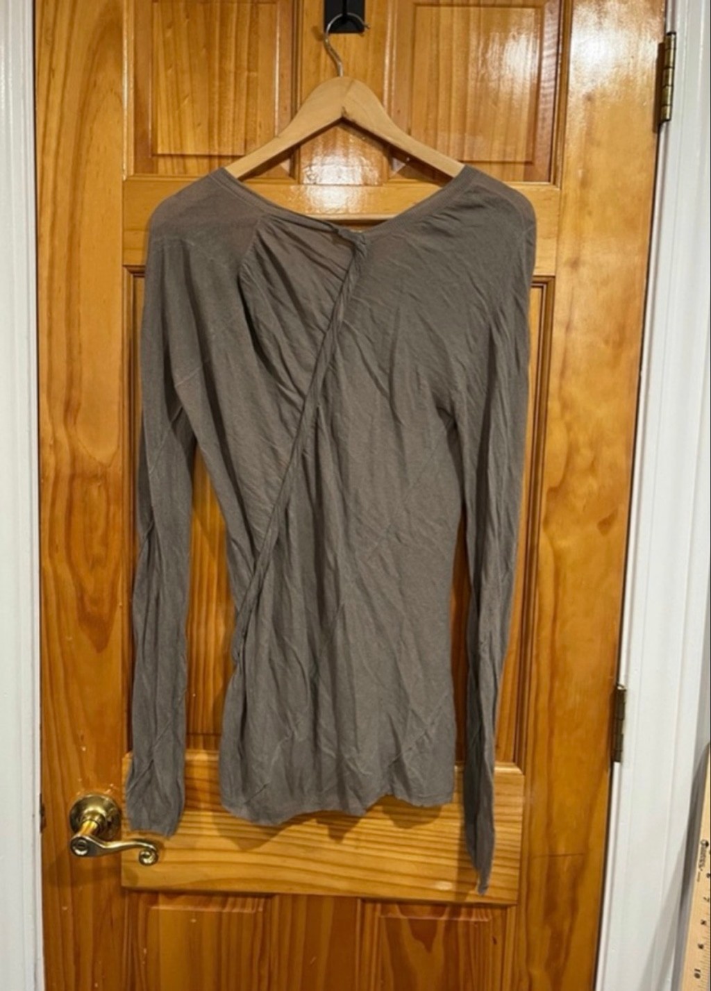 JNBY Taupe Long Sleeve V Neck Asymmetric Seam Avant Garde Top