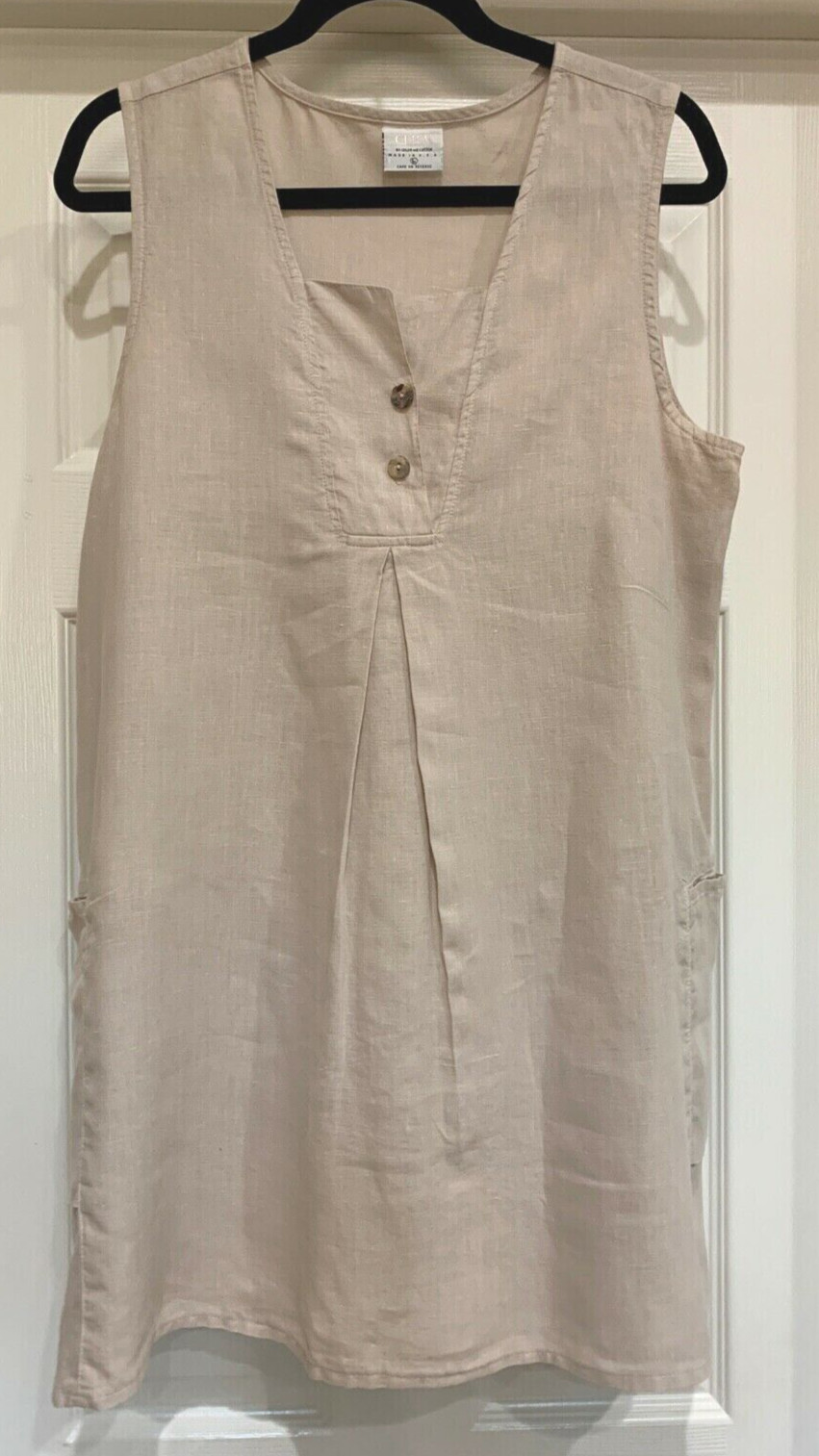 CLICK COLOR ME COTTON Blouse/Dress-Beige Linen Sleeveless Tunic, Pockets, Large