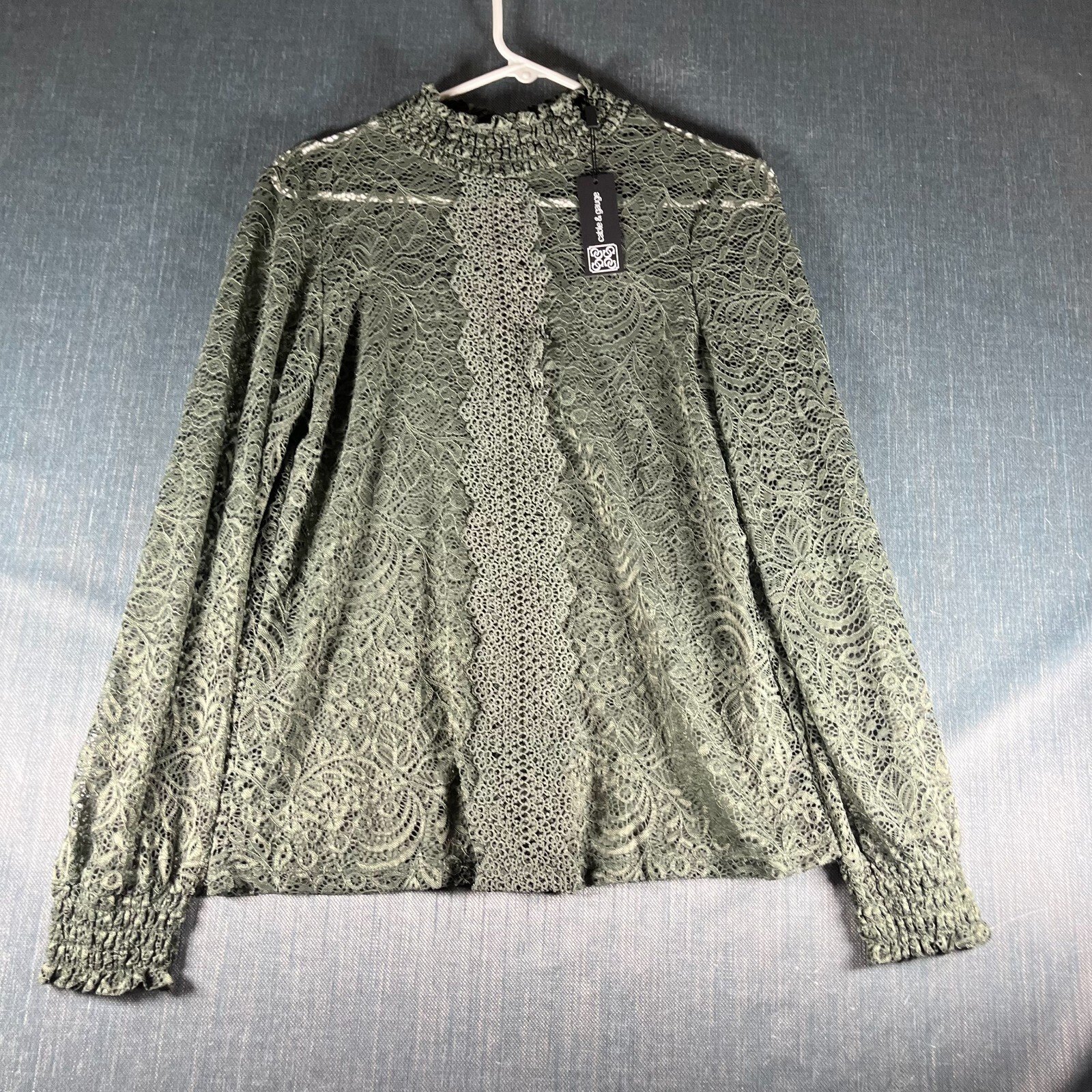 Cable & Gauge Women Blouse Top Size S Olive Green Stretch Lace Overlay Mock Neck