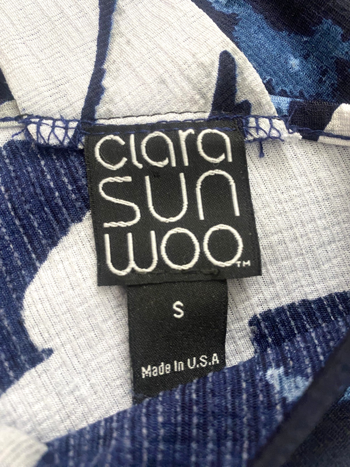 CLARA SUN WOO Navy Blue White Asymmetrical Hem Back Neck Dtl A-Line Top S EUC