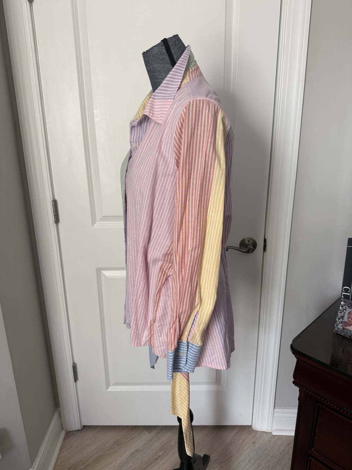 Tommy Hilfiger Women Striped Multi Colorblock Tie Front Cotton Blouse Top Sz L