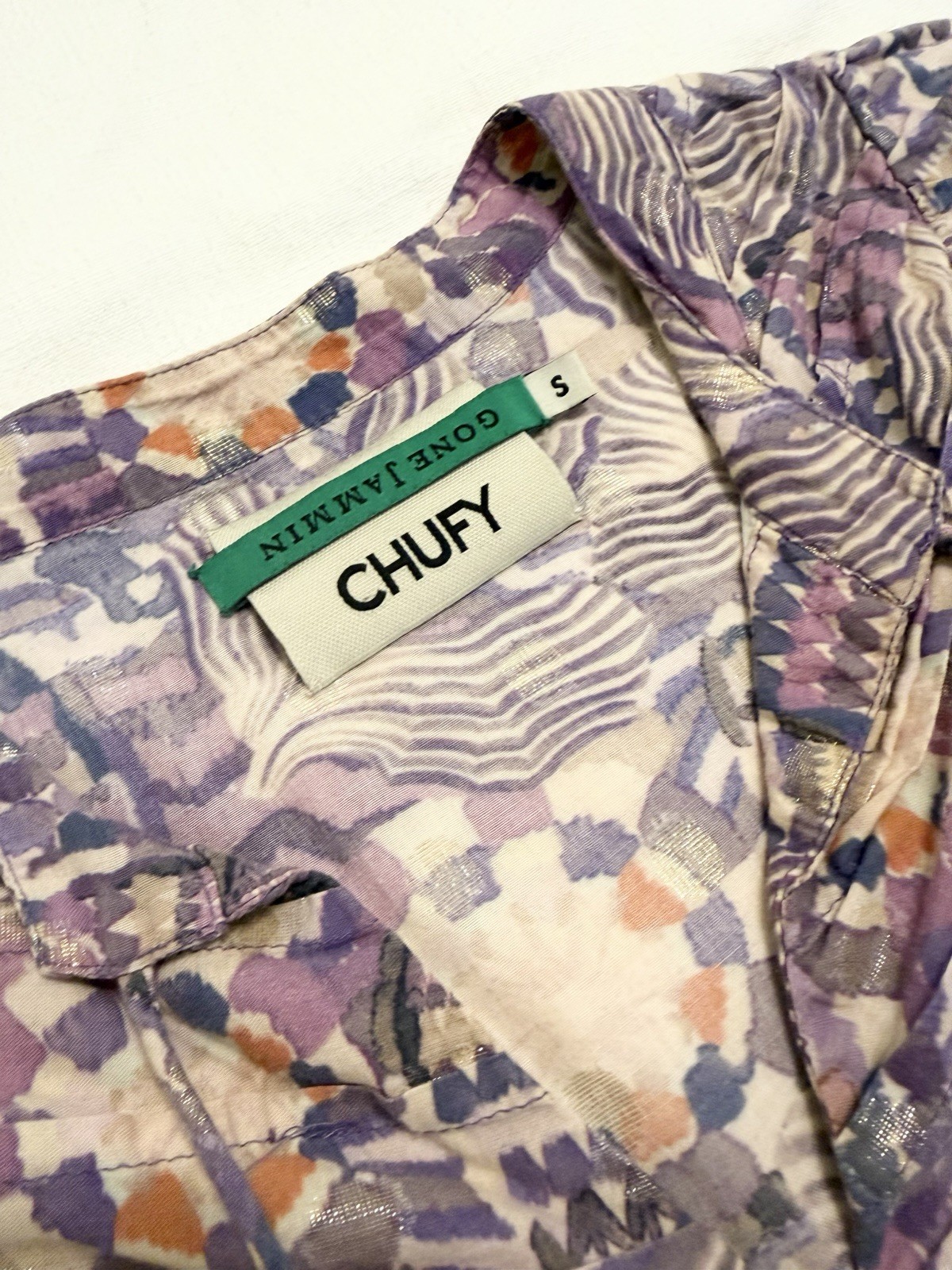 Chufy Cotton Lurex Chiffon Ruffle V-Neck Tie Blouse Purple Abstract S