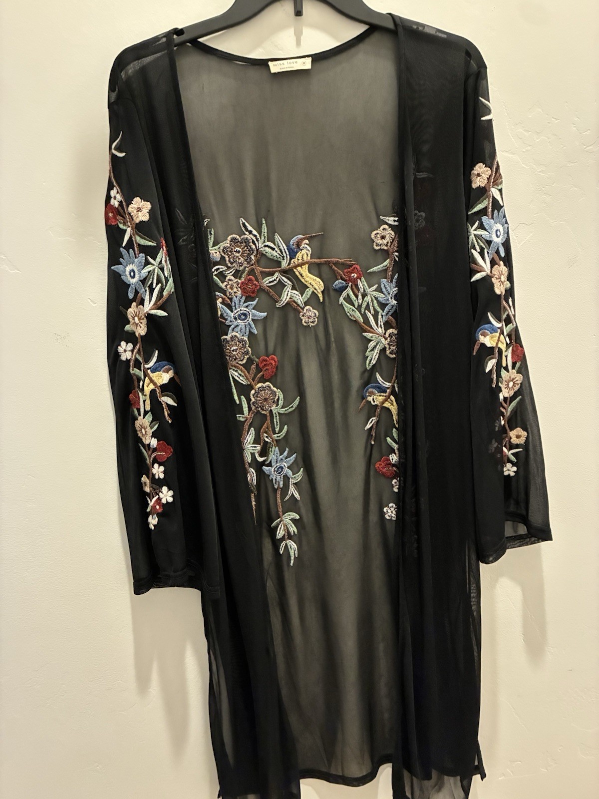 Miss Love Women’s Black Floral Embroidered Mesh Sheer Open Kimono 3/4 M