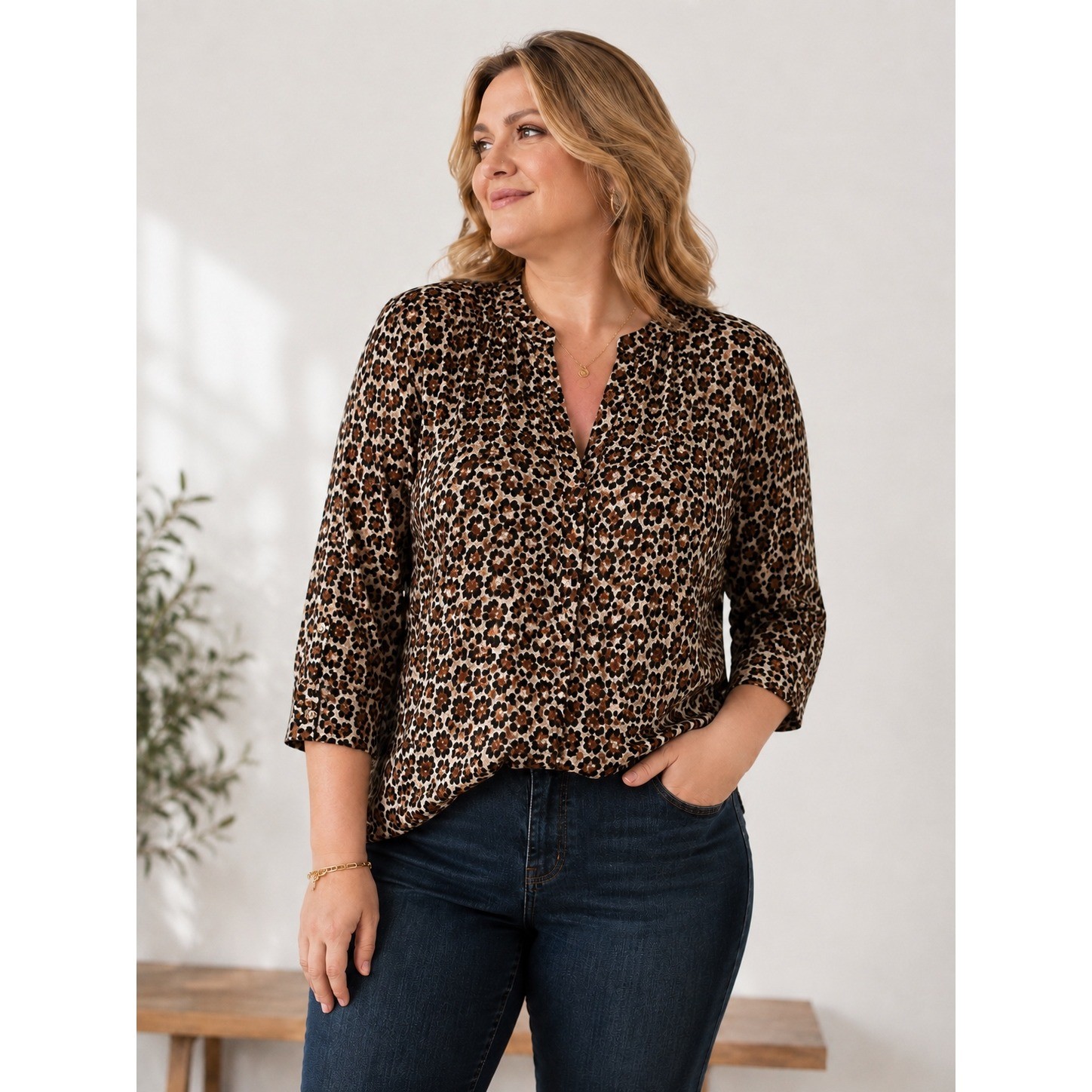 NWT CeCe Leopard Print Blouse XL High Low Hem Split Neck Semi Sheer 3/4 Sleeve