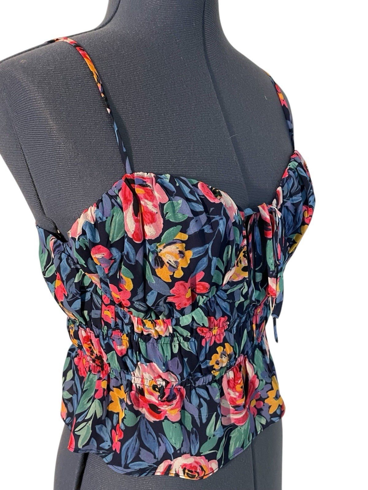 Lovers + Friends Floral Ruched Mesh Bustier Bralette Smocked Crop Top Y2K Sexy S