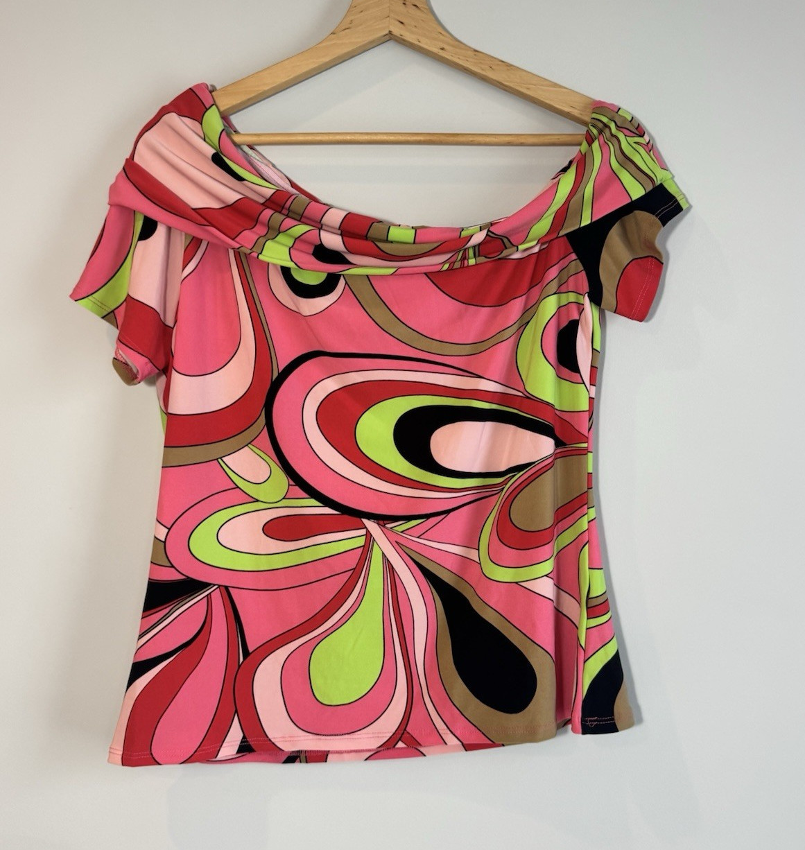 David Meister Pink/Green/Black Abstract Stretch Off Shoulder Short Sleeve Top M