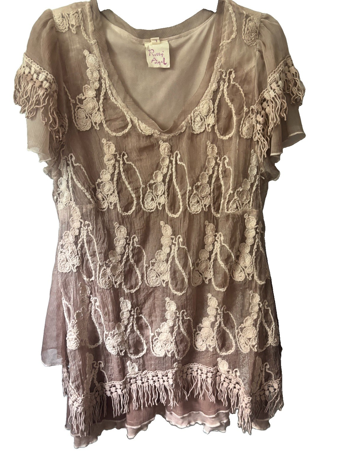 Pretty Angel Women’s Sheer Chiffon Lace Tunic Blouse V-Neck Flutter L