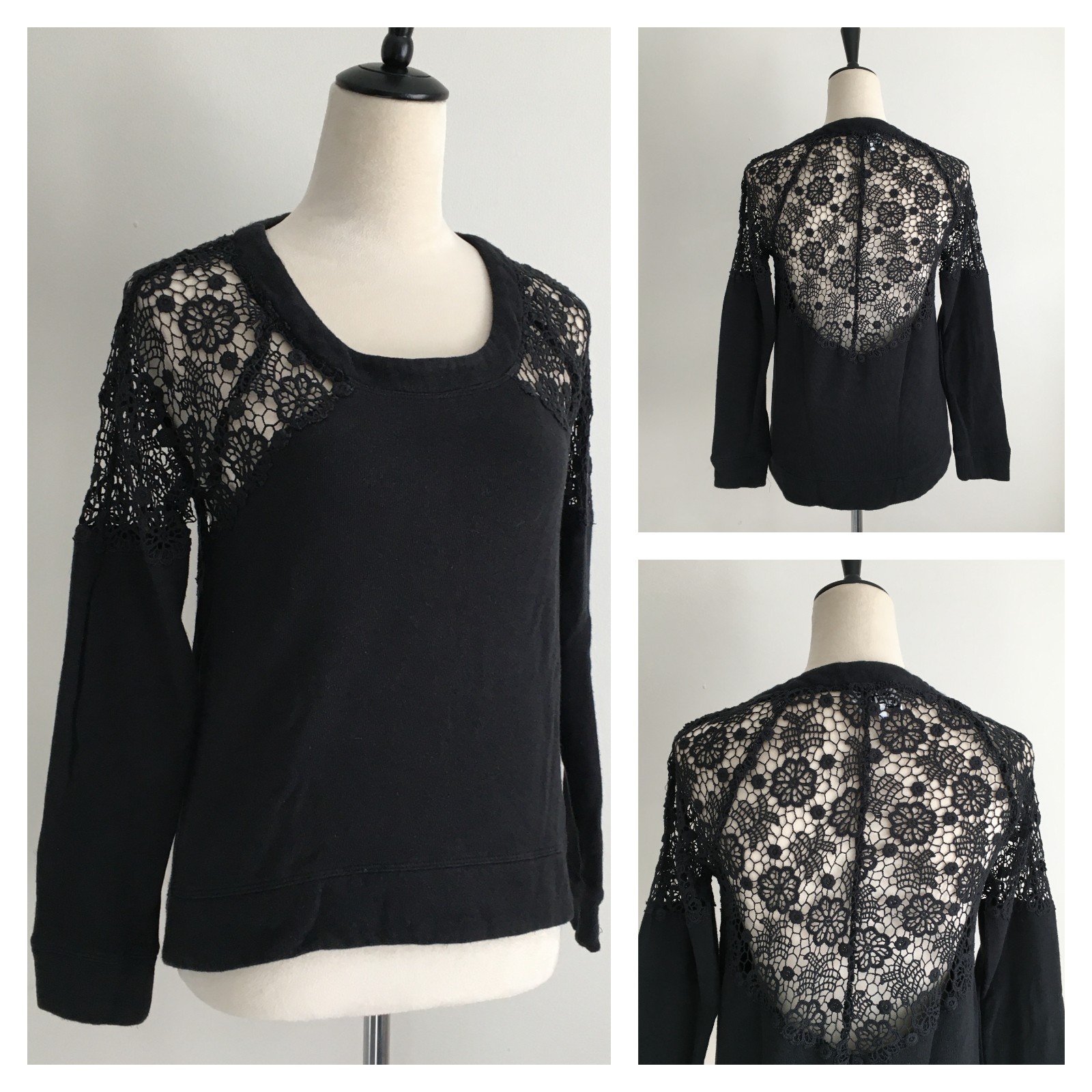PAM & GELA Black Sheer Lace/Crochet Insert Long Sleeve Shirt Womens sz P -S/XS