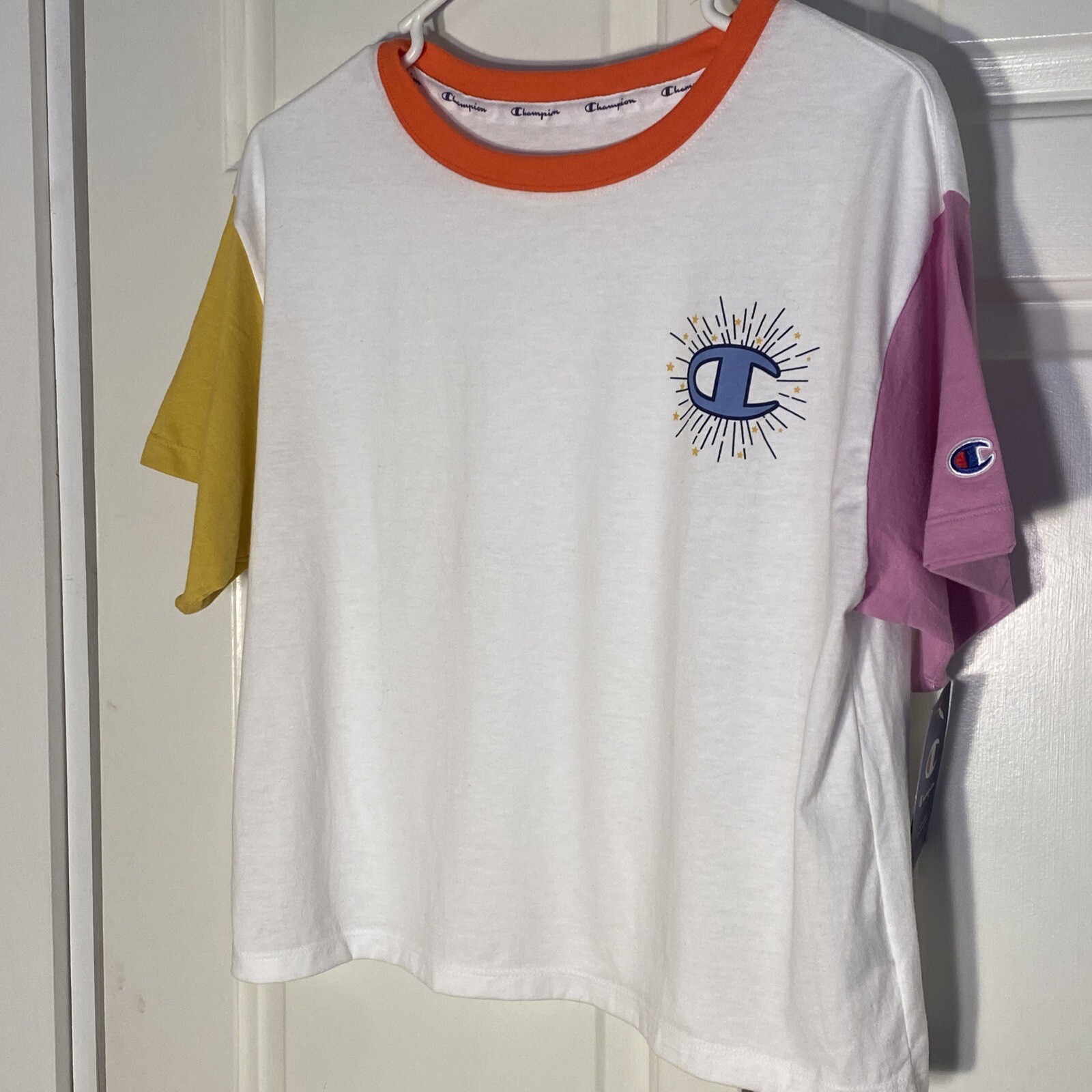 Champion Medium Slight Crop Color Block Retro Tee Shirt Logo
