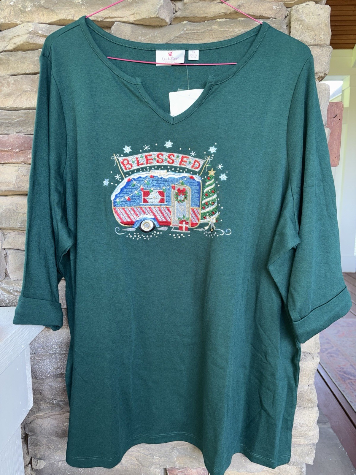 3X NWT Quacker Factory Women’s Shirt 3/4 Sleeve Christmas Holiday Blessed Green