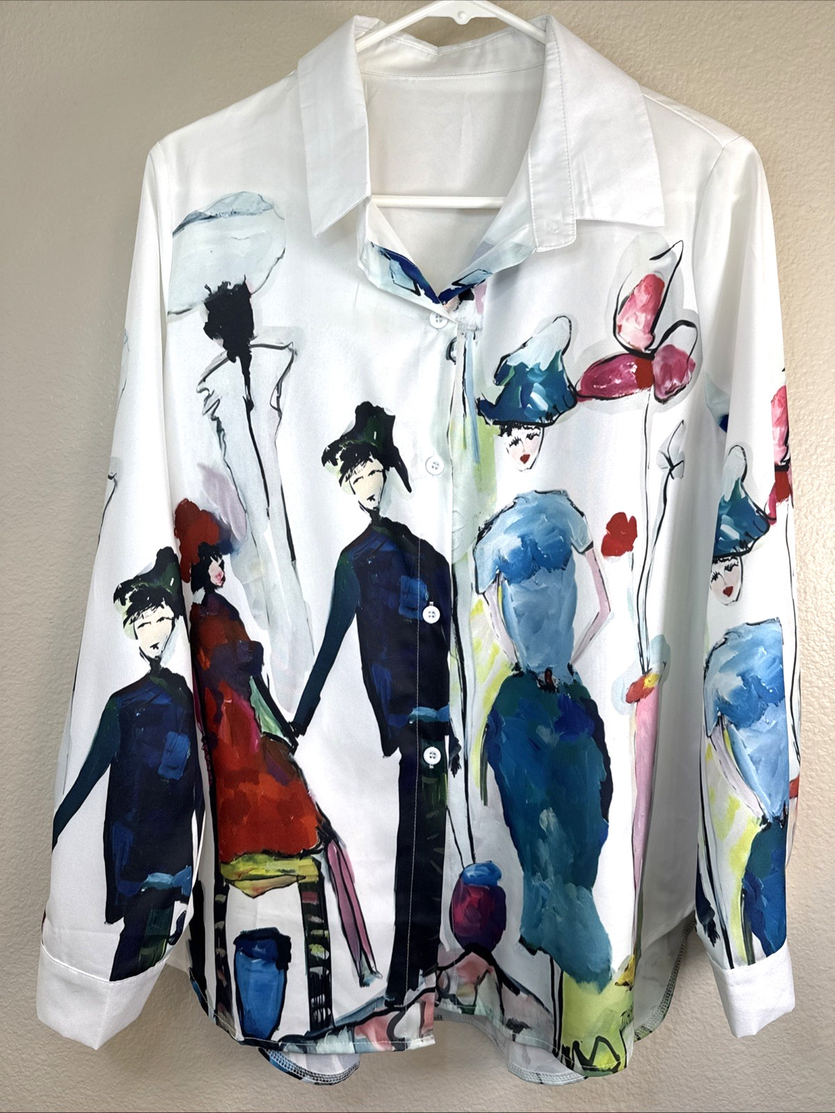 Art Print Blouse Womens Large White Fashion Illustration Button Front Long Sleev