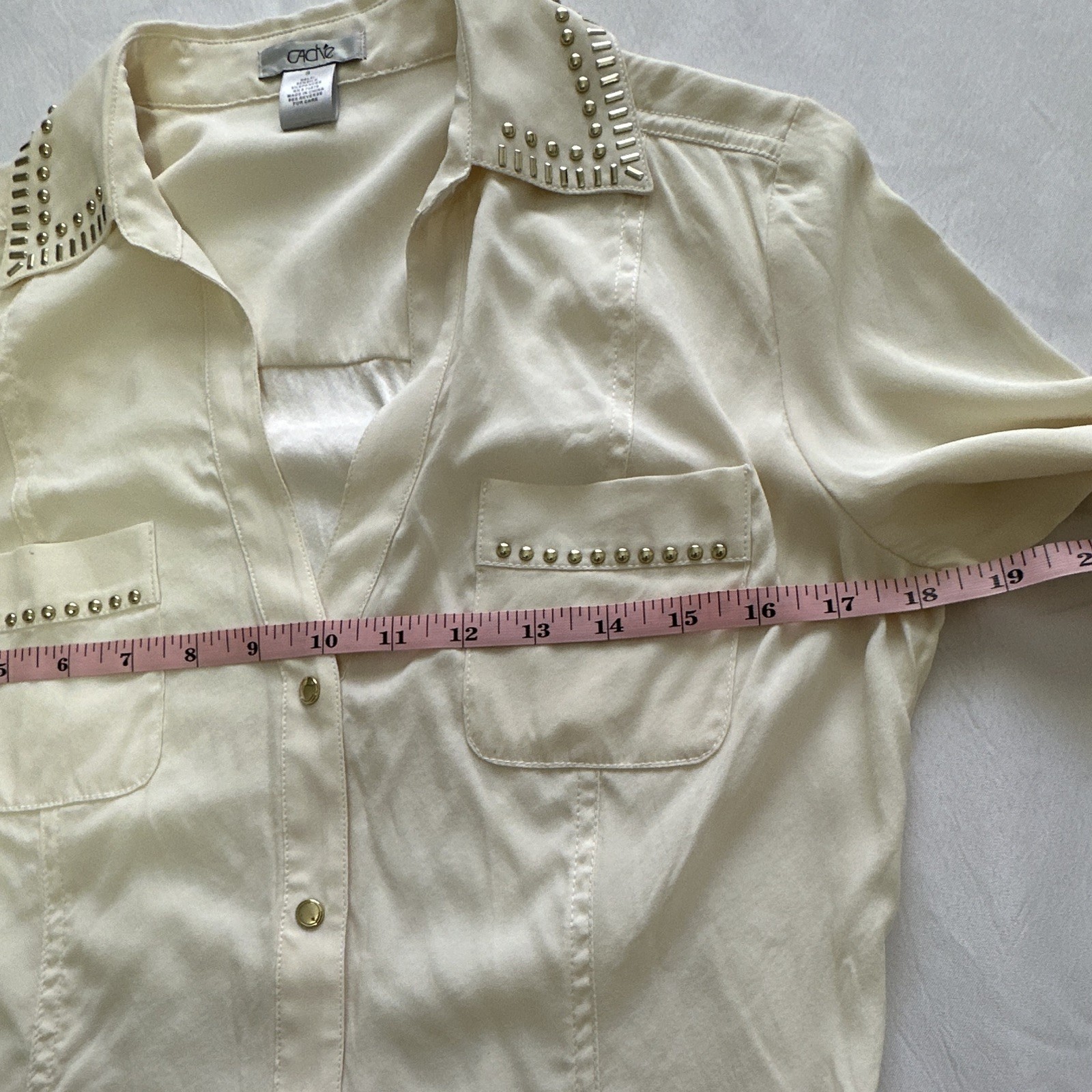Cache Women’s S Ivory 100% Silk Collared Long Sleeve Studded Blouse