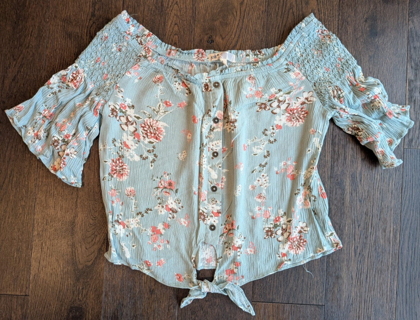 Jolt Womens Blouse Small Sage Green Floral Smocked Shoulder Bell Sleeve Tie Crop