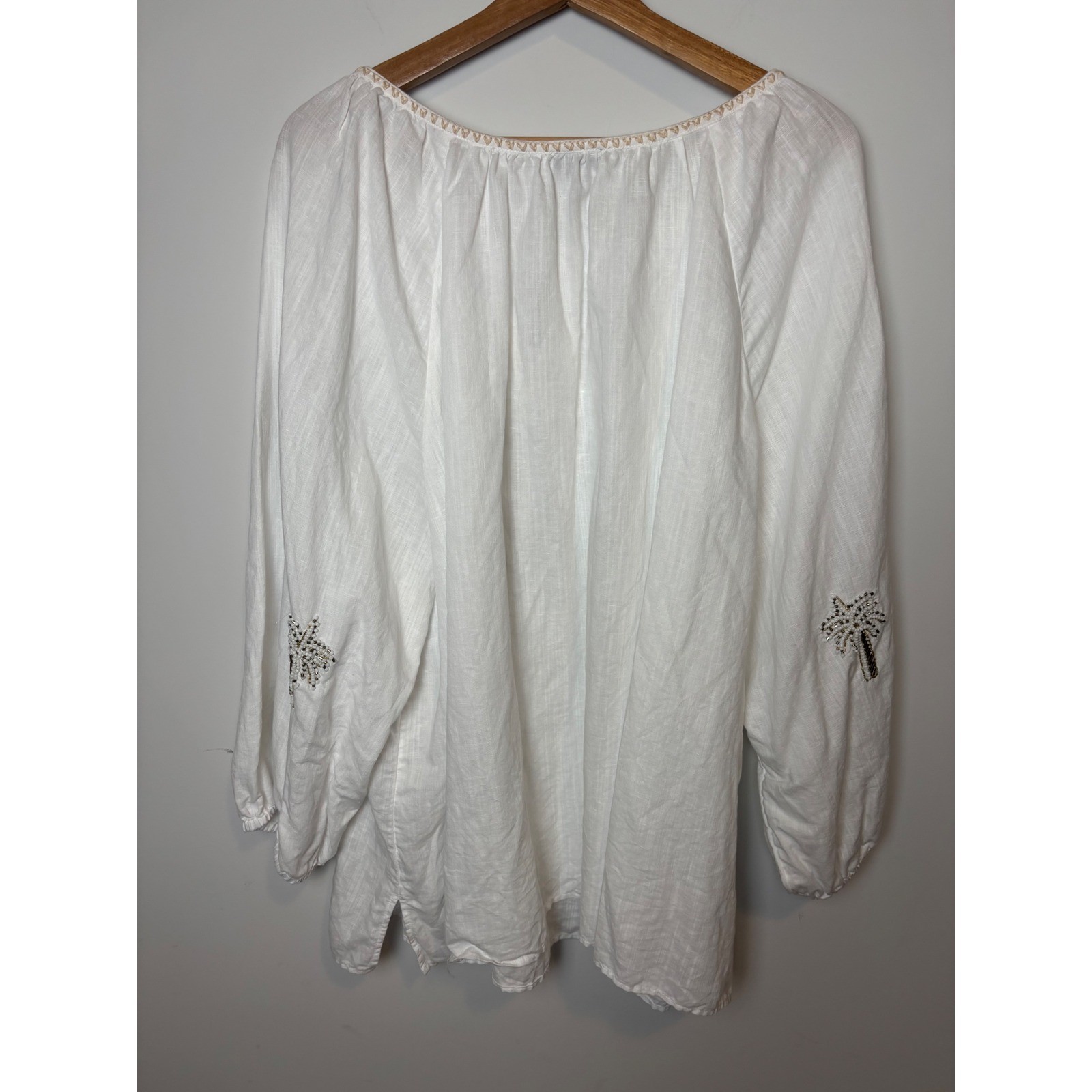 Talbots Plus Womens White Linen blend Beaded Palm Tree Tassel Peasant Top 3X