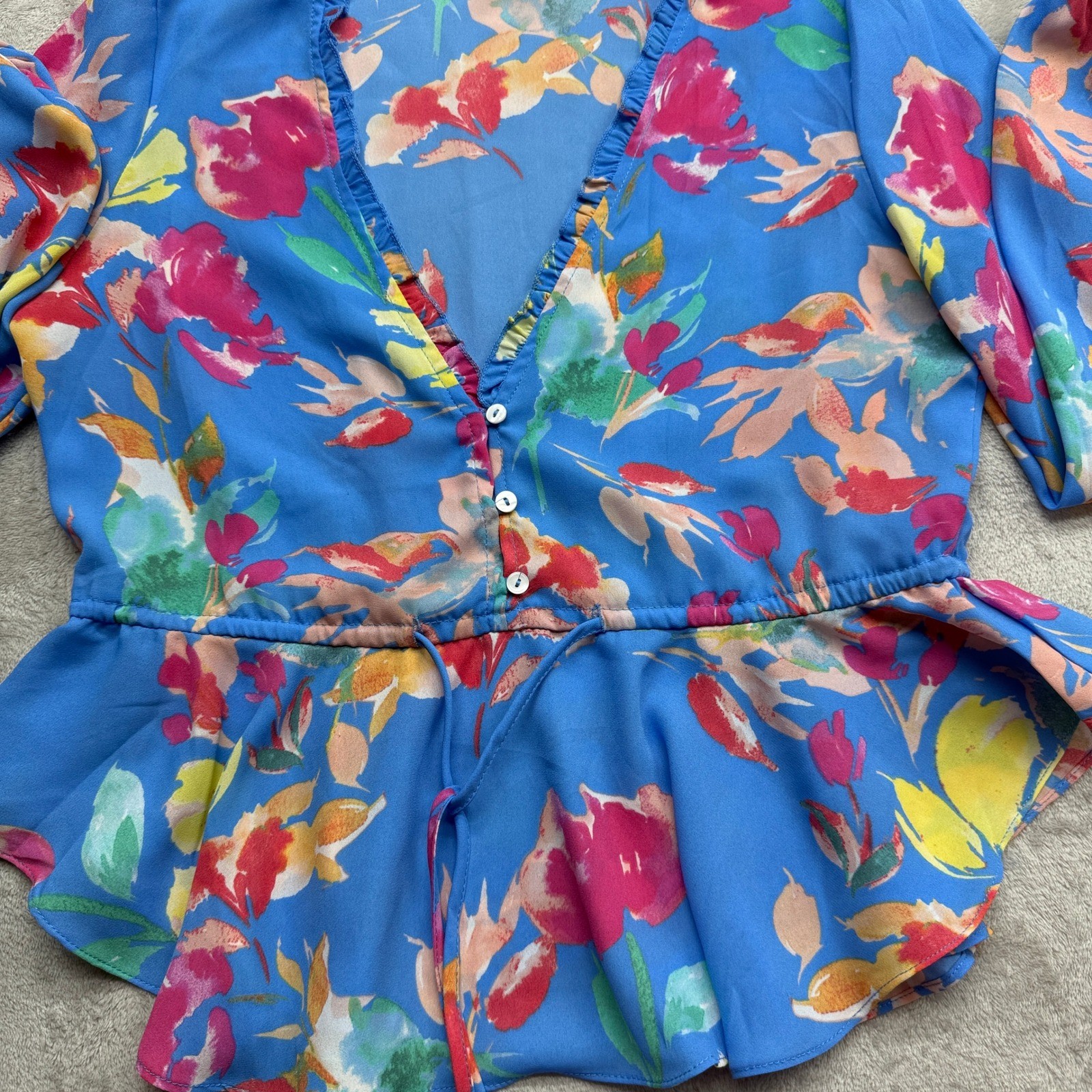 VICI Floral Peplum Blouse Womens Small Blue V-Neck Balloon Sleeve Boho Festival