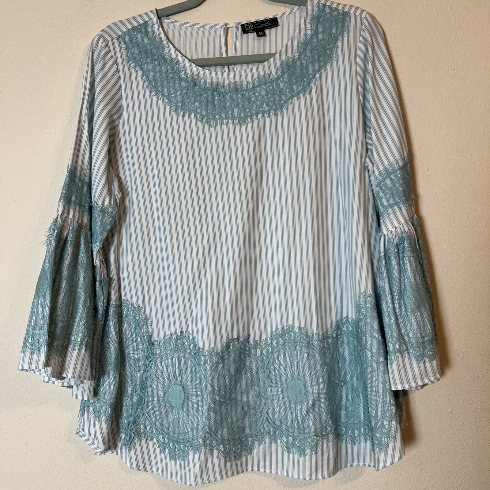 DG2 Diane Gilman Lace Trim 3/4 Flare Sleeve BOHO Linen Stripe Tunic Top Teal Med