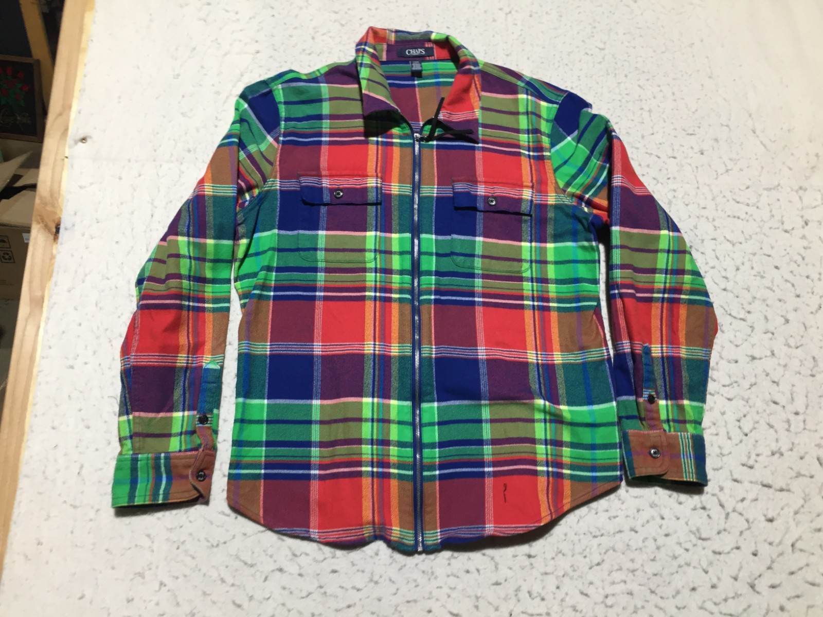 Chaps Full Zip Shirt Mens L Large Multicolor Plaid Long Sleeve Pockets Collared