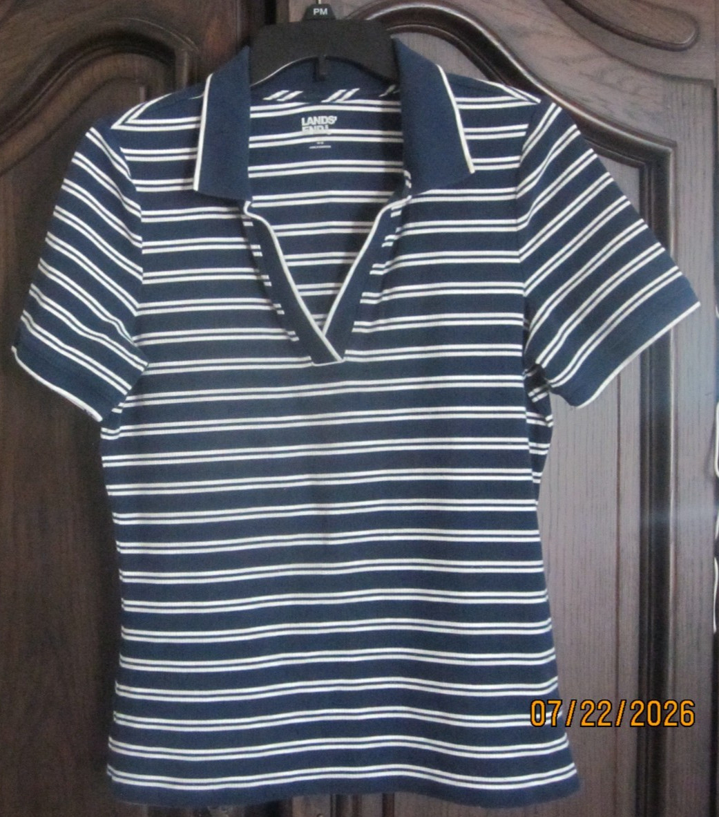 LANDS END W10-12 M Navy & White Stripes short sleeve collar vneck