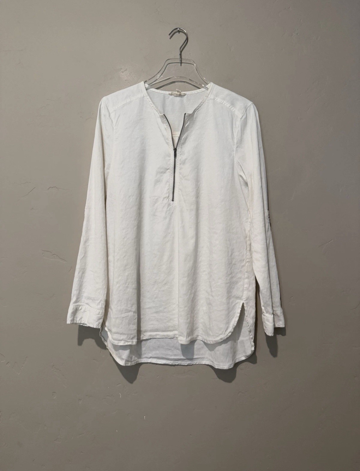 Eileen Fisher Shirt Womens M Ecru Linen Blend Tunic Zip Neck Coastal Minimalist