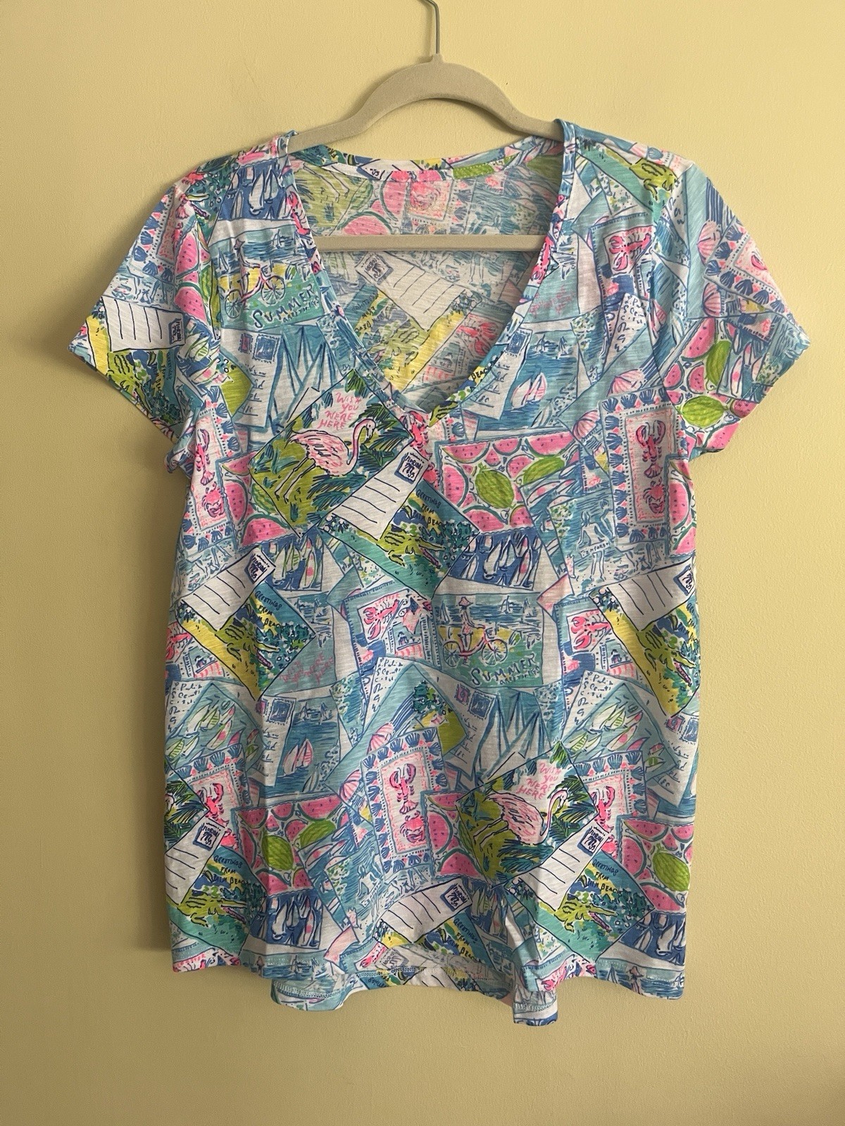 Lilly Pulitzer Etta V-Neck Top Wish You Were Here Size Medium Coastal Resort
