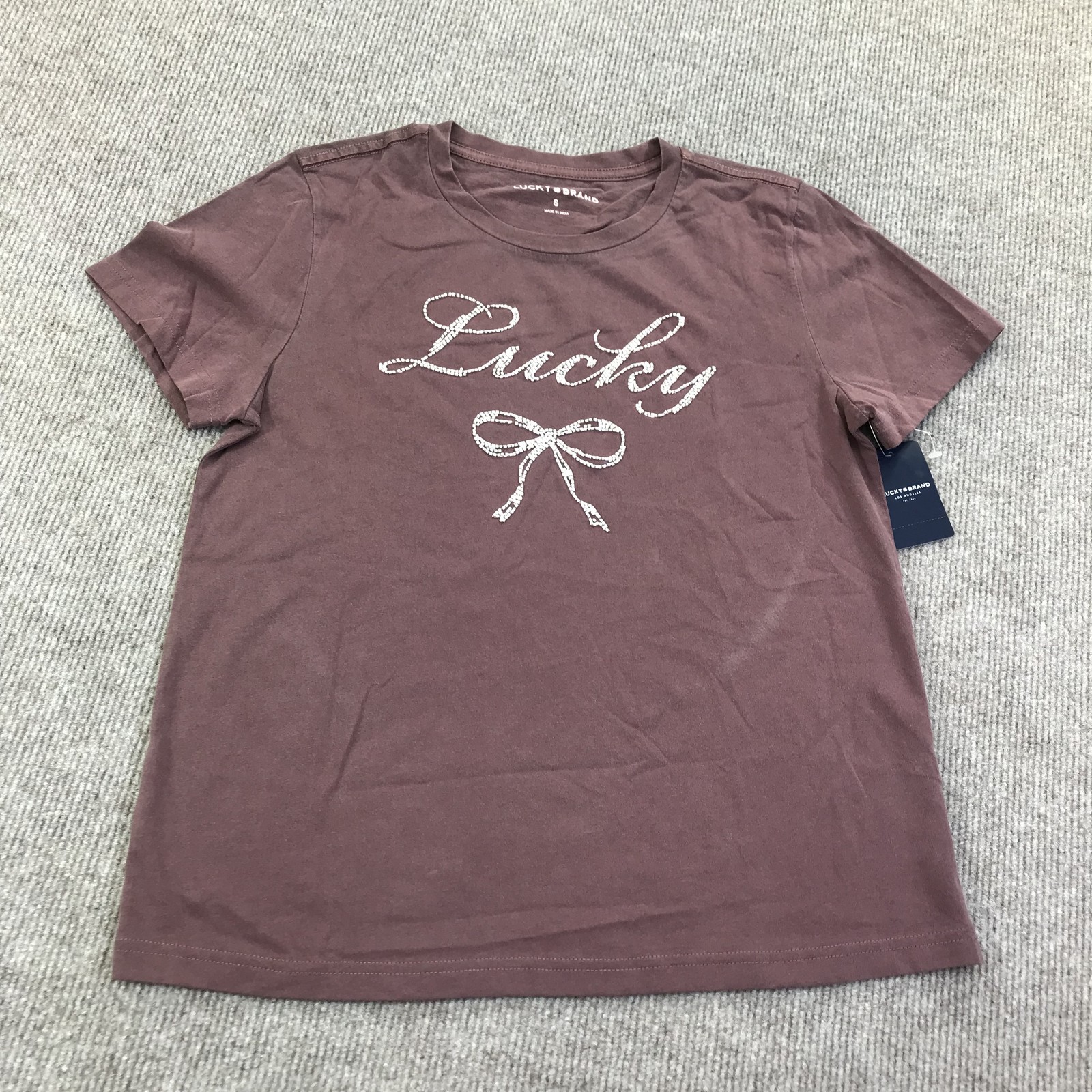 Lucky Brand Shirt Womens Small Brown Lucky Rhinestone Bow Graphic Tee Top NWT