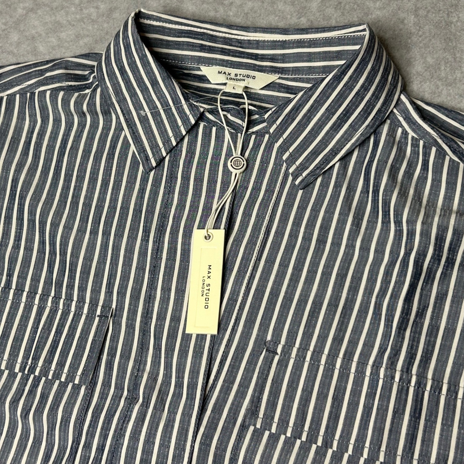 MAX STUDIO LONDON Women’s Striped Linen Blend Button Down Shirt Size L MSRP $118
