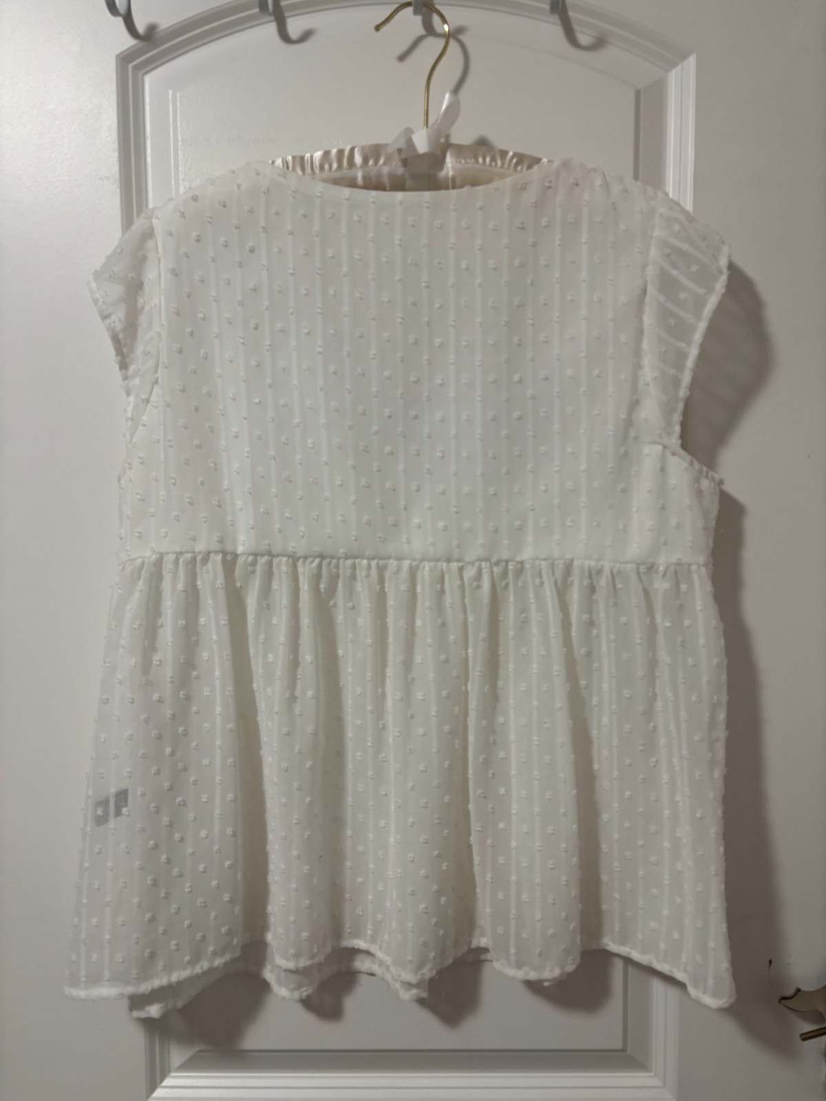 SHEIN Boho Floral Embroidered Swiss Dot Babydoll Blouse White Size L Large