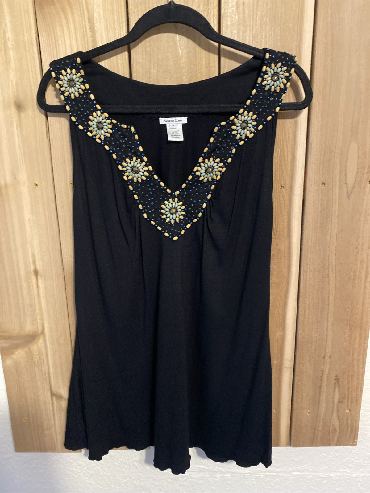 Krista Lee Black Sleeveless Top w Multicolor Floral Beads Size M NWOT