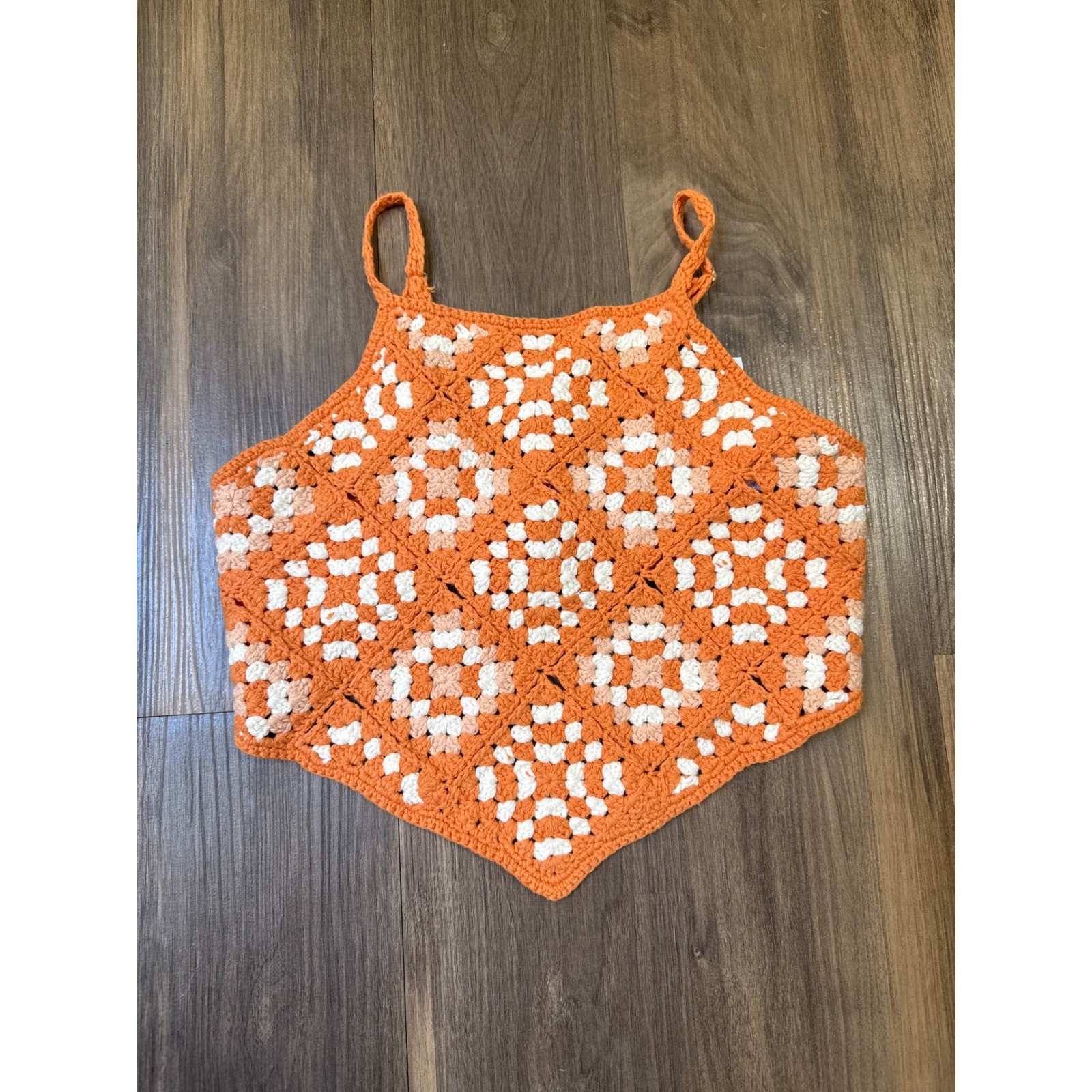 NWT Granny Square Tie Triangle Top Orange/White Retro Small Bohemian Festival