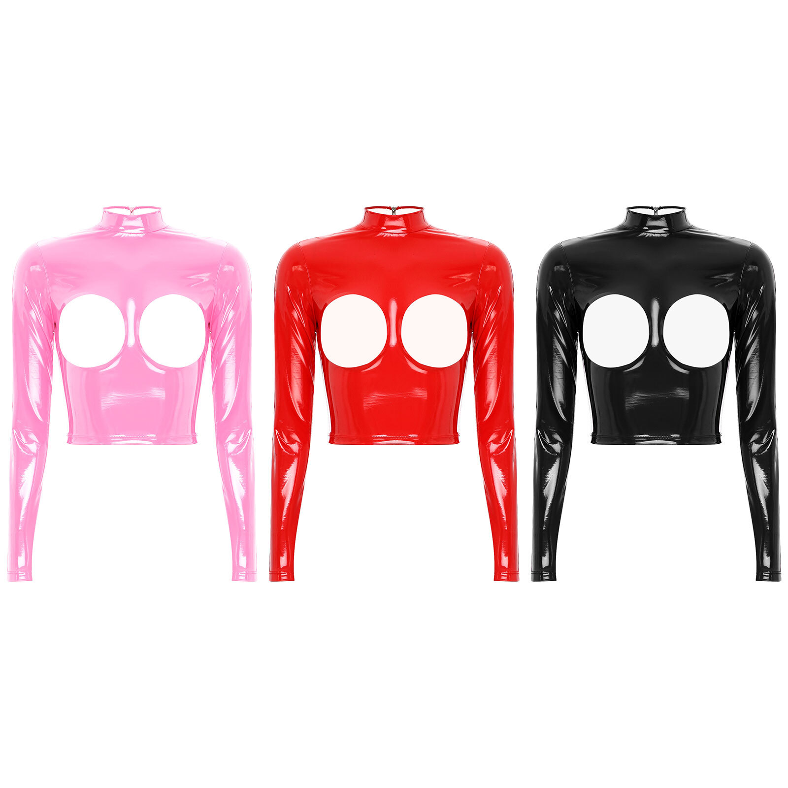 US Womens Sexy Crop Top Breast Hollow out Nightwear PVC Leather T-Shirt Clubwear