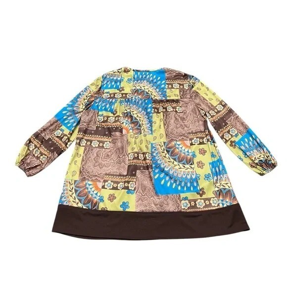 Vintage Blouse Patchwork Print Tunic Top Brown Blue Green Bohemian Boho Retro