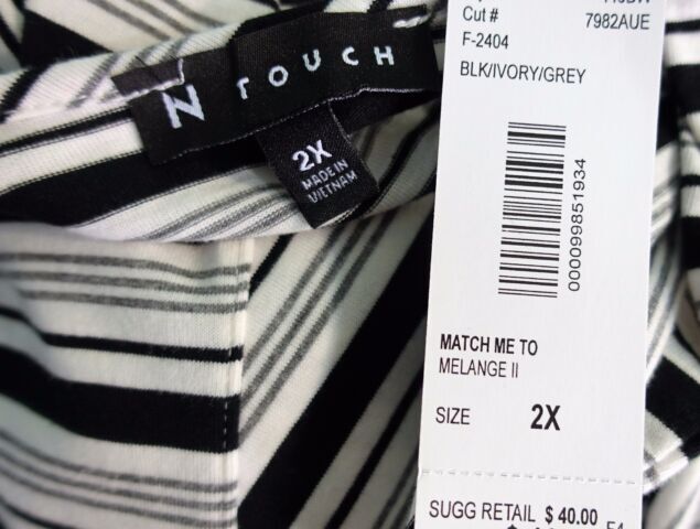 N Touch Women Plus 1x 2x 3x Black Gray Ivory Striped Sweater Top Blouse Shirt