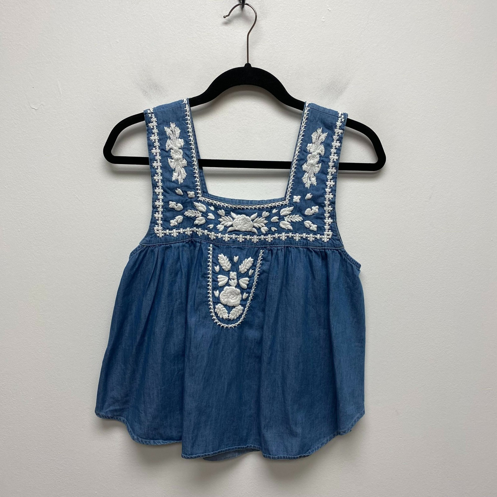 Lovers + Friends Womens Blue Chambray Floral Embroidered Square Neck Tank Top M