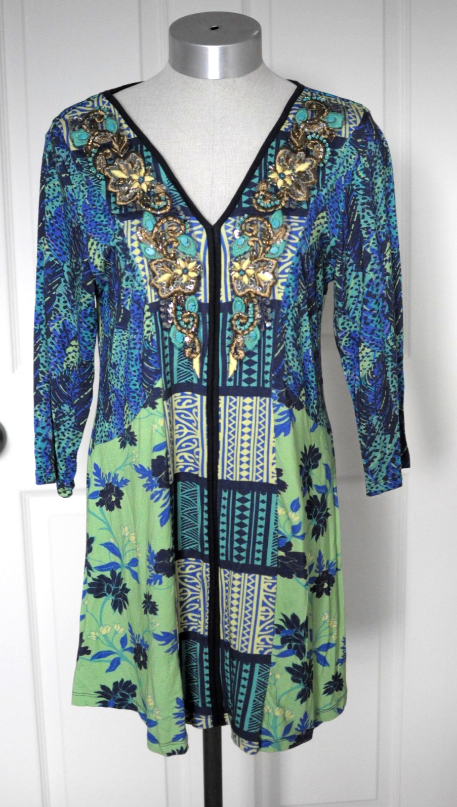 Soft Surroundings Marilla Tunic Blouse Blue Green Embroidered Beaded Size S