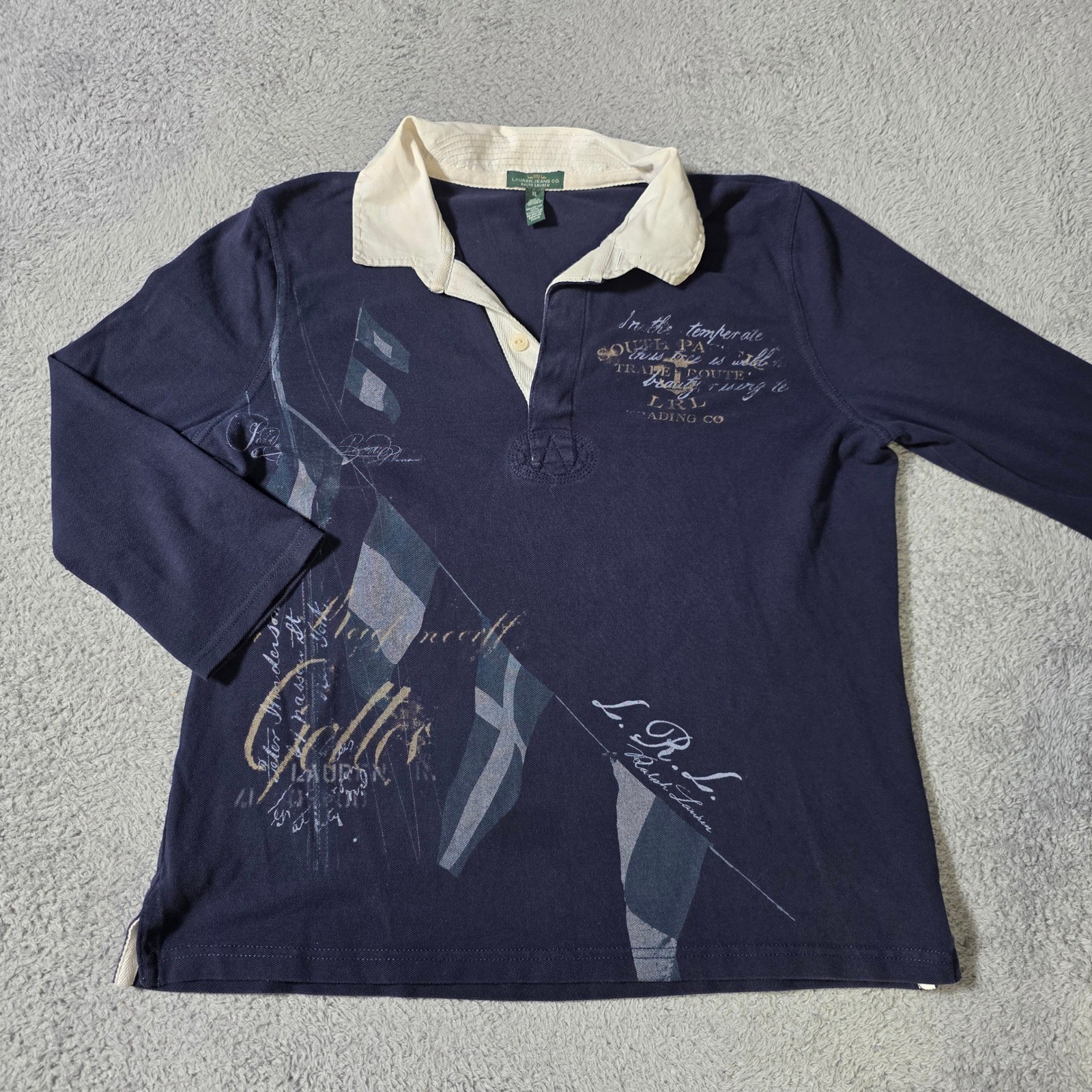Lauren Ralph Lauren Womens XL Rugby Shirt Navy Blue Nautical Graphic Long Sleeve