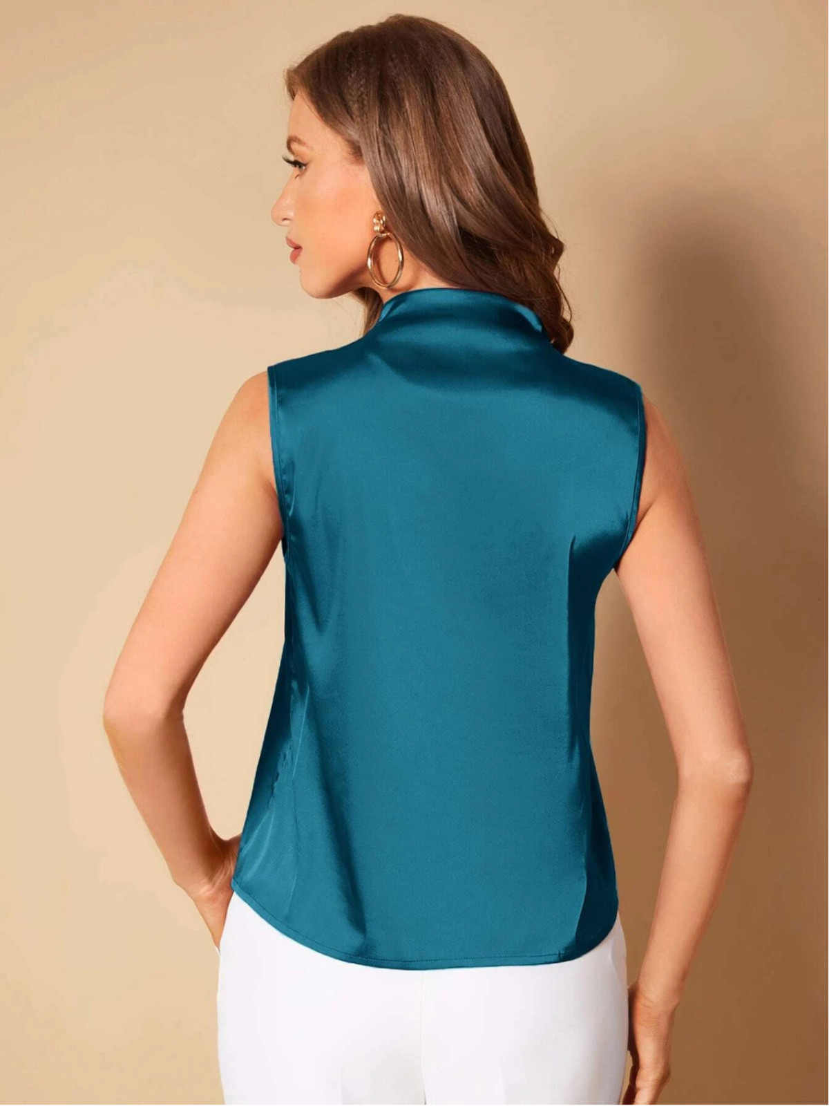 Teal Blue BAE Solid V Neck Satin Blouse Top Shirt Sz XS S M L XL
