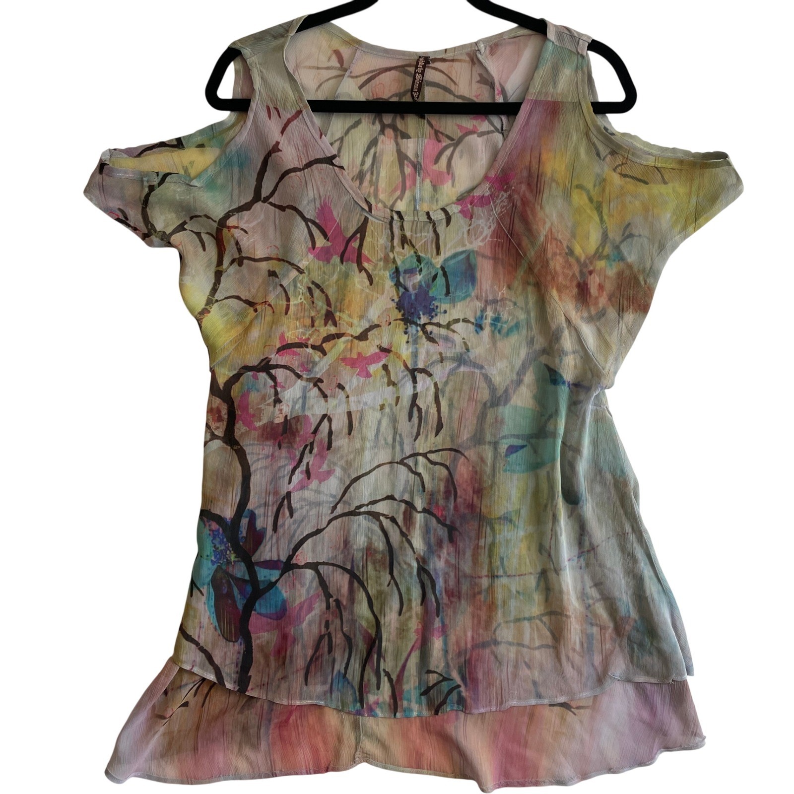 Mushka by Sienna Rose, Cold Shoulder Watercolor Tunic Top Large