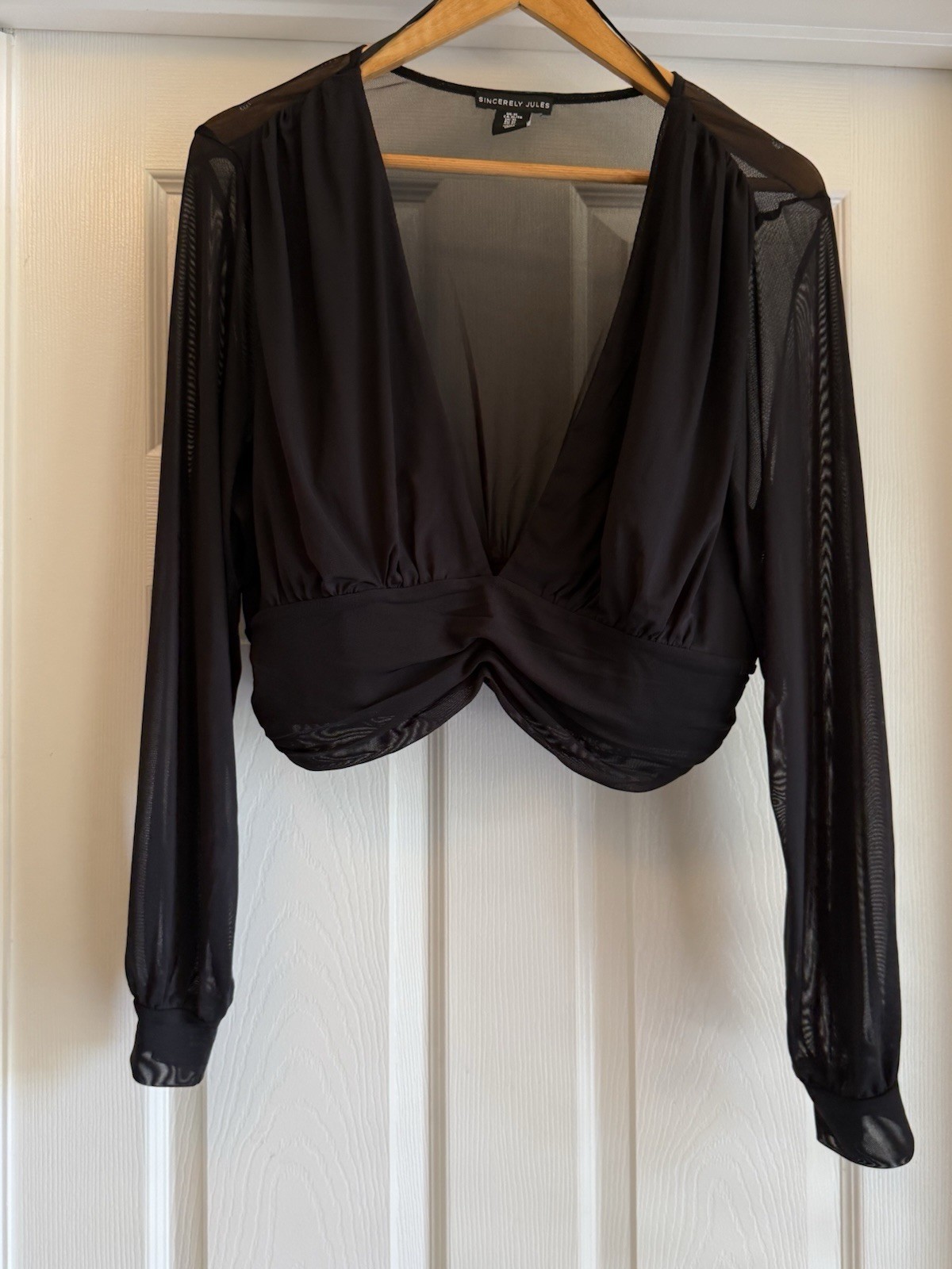 Sincerely Jules Crop Top Womens XL Black Sheer Mesh Long Sleeve Deep V-Neck Knot