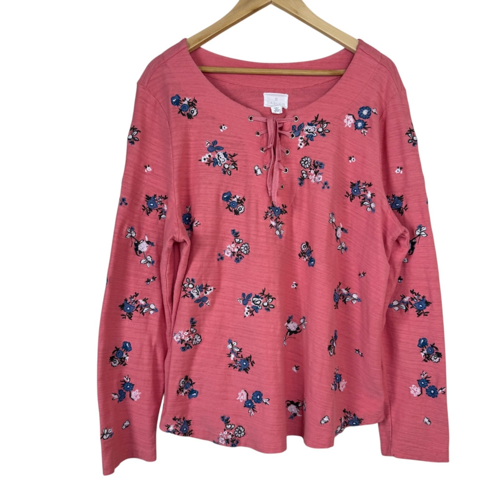 Caslon Peach Embroidered Pop Over Size XXL 100% Cotton Floral Cottagecore Casual
