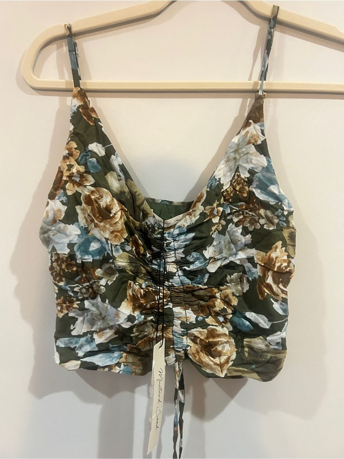 Mustard Seed Olive Green Floral Ruched Tank with Blue and Cream Flowers