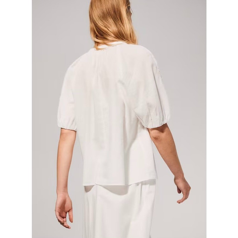 H&M Linen & Cotton Blend Tie-Neck Balloon-Sleeve Blouse in Crisp White (XL)