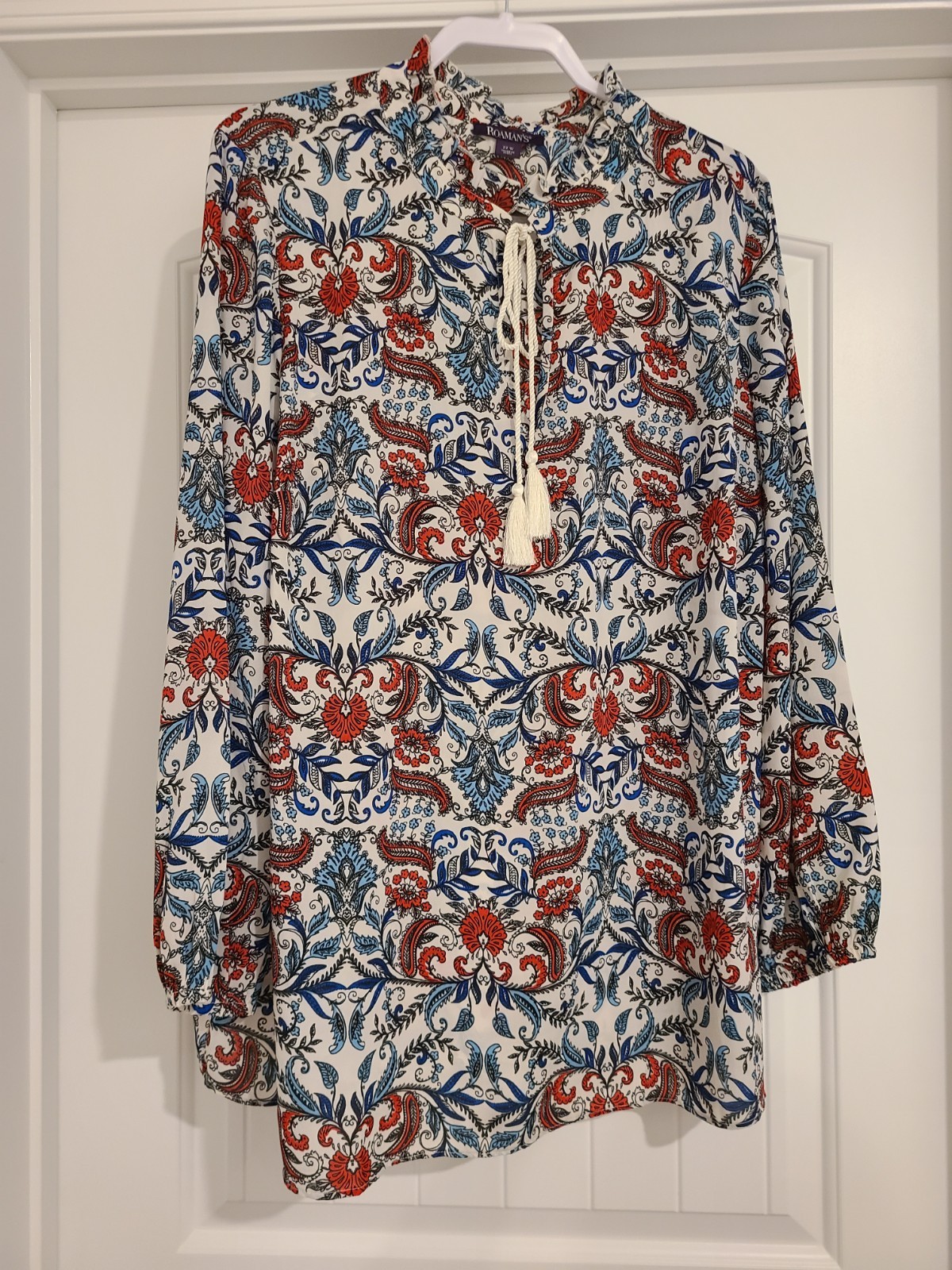 Roaman’s Womens 22W Paisley Tunic Red White Blue Blouse Top w/ Ruffle Neckline
