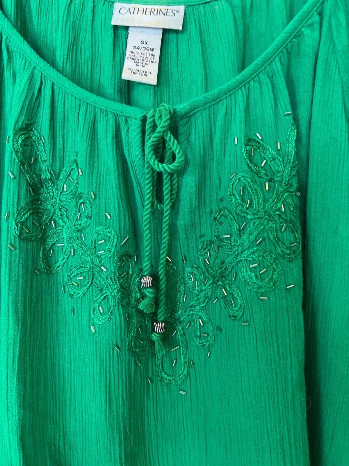 Catherine’s 5X 34/36W Kelly Green Blouse Tassels Tie Lightweight Spring Beading