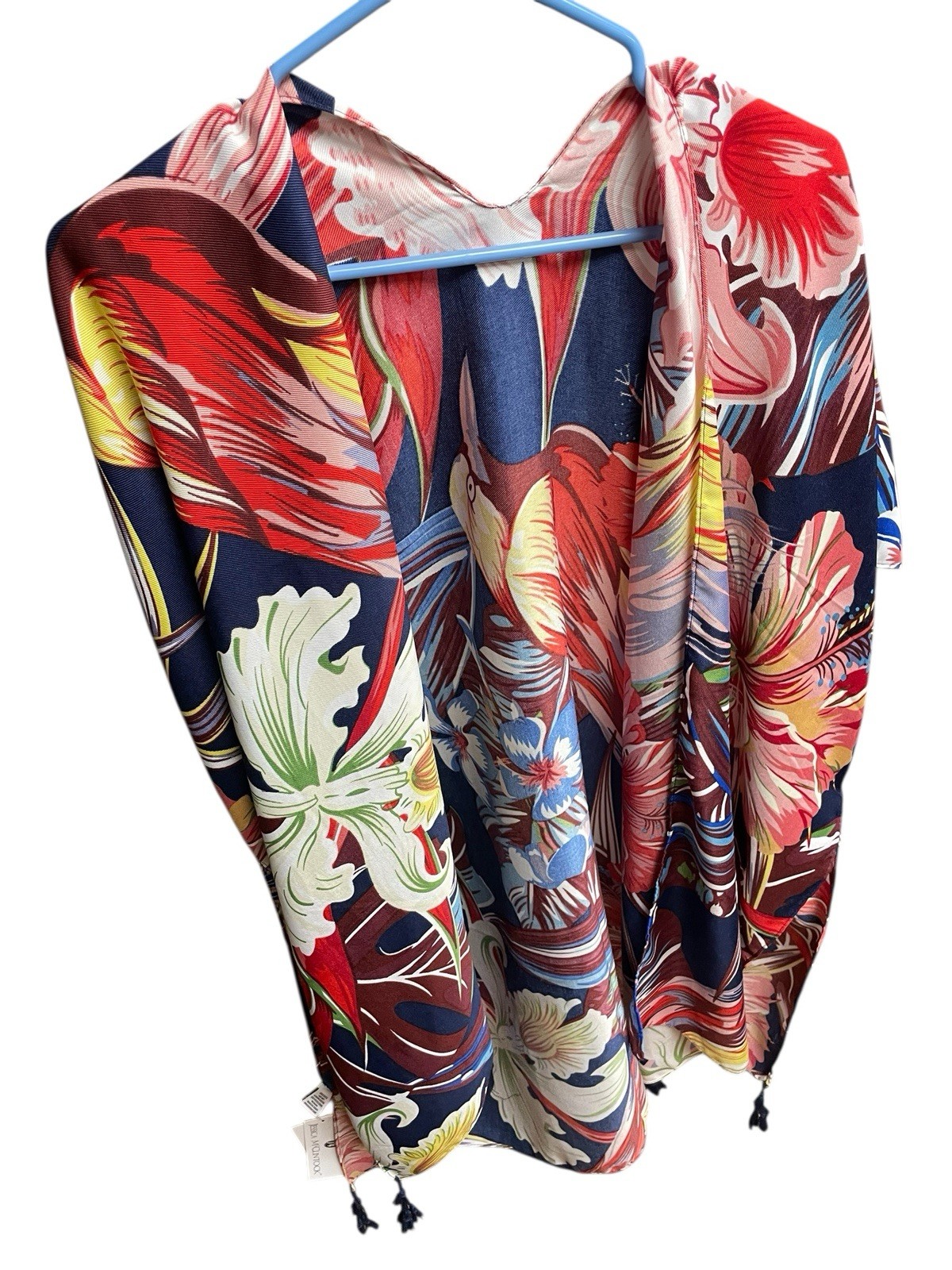 Jessica McClintock Tropical Bird Floral Kimono NWT Resortwear Tassel Y2K 37.5″