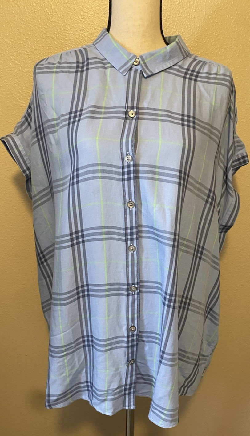 Eddie Bauer Shirred Short Sleeve Shirt, NEW with $70 Tag, Blue, Plus Size 2X