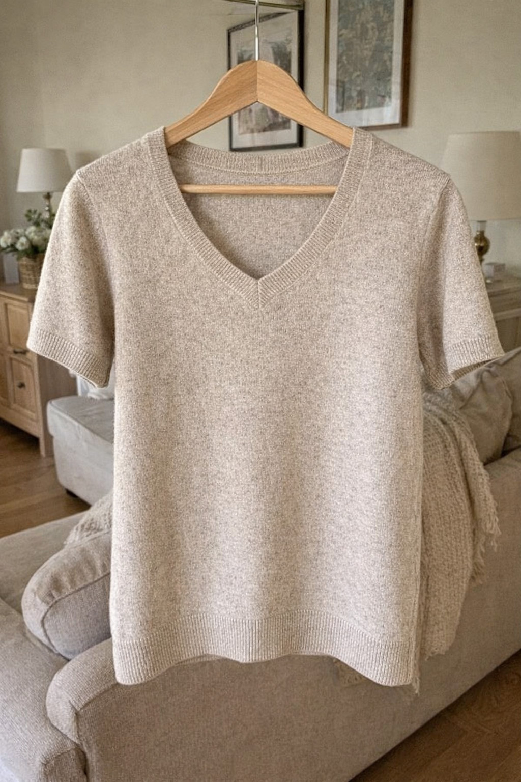 Womens 100% Wool Sweaters Short Sleeve V Neck Tops Casual, Apricot, Small
