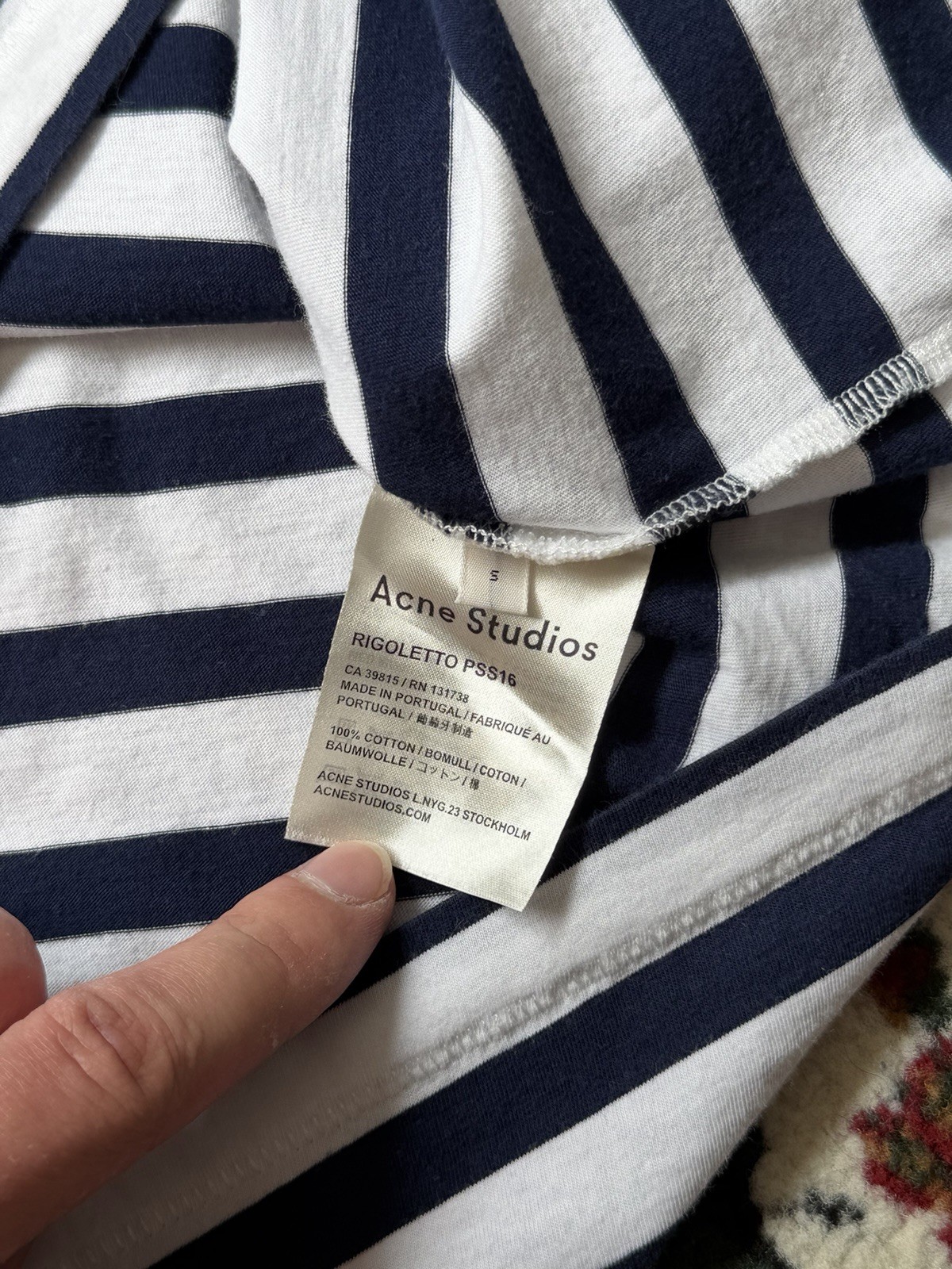 Acne Studios Navy/White Striped Rigoletto Face Cotton T-shirt Size S
