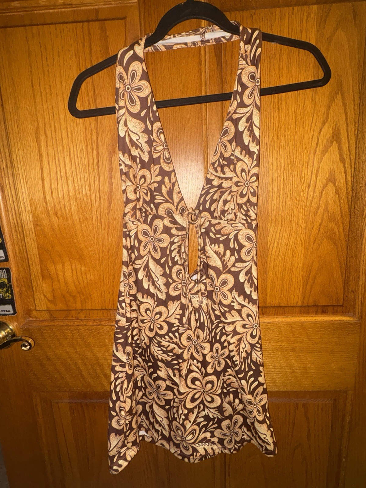 O’Neill Women M Brown/Beige Floral Halter V-Neck Sleeveless Cotton Tank