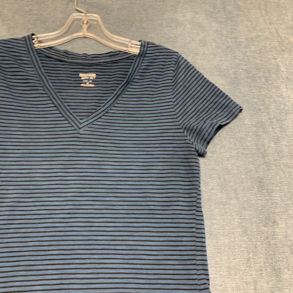 Mossimo Supply Co Top Womens Medium Blue Black Striped Cotton V-Neck Cap Sleeve