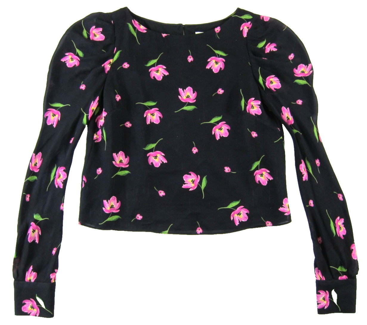 Milly 100% Silk Black Pink Green Floral Puff Shoulder Long Sleeve Crop Blouse 2